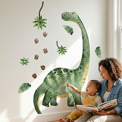 Dinosaur and Plant Pattern, Waterproof, Peel and Stick, Watercolor for Nursery 35.4"x11.8"