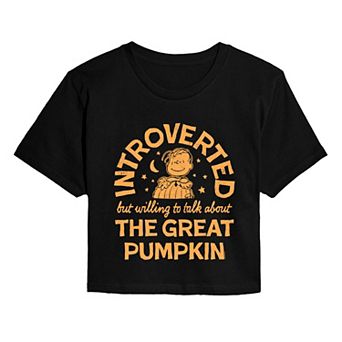 Juniors' Peanuts Introverted The Great Pumpkin Quote Cropped Tee