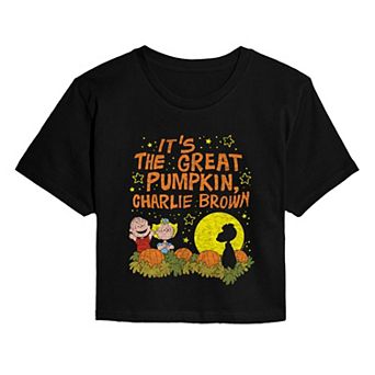 Juniors' Peanuts It's The Great Pumpkin, Charlie Brown Distressed Cropped Tee
