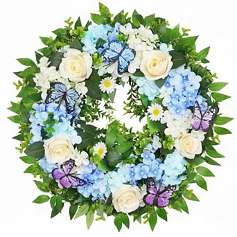24 Spring Summer Wreath Lighted Timer Blue Hydrangea Butterfly Rose Daisy Artificial Floral Decor