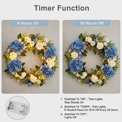 24 Spring Summer Wreath Lighted Timer Blue Hydrangea Butterfly Rose Daisy Artificial Floral Decor