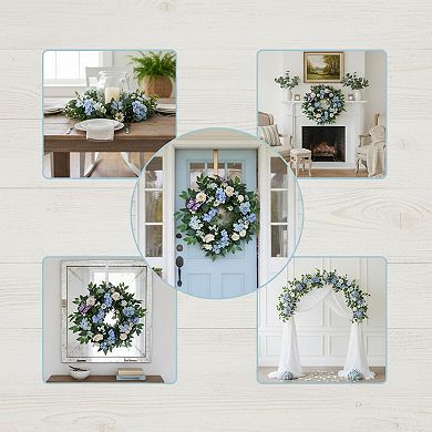 24 Spring Summer Wreath Lighted Timer Blue Hydrangea Butterfly Rose Daisy Artificial Floral Decor