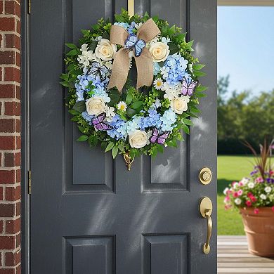 24 Spring Summer Wreath Lighted Timer Blue Hydrangea Butterfly Rose Daisy Artificial Floral Decor