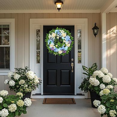 24 Spring Summer Wreath Lighted Timer Blue Hydrangea Butterfly Rose Daisy Artificial Floral Decor