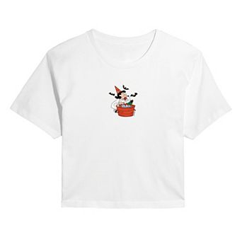 Juniors' Peanuts Lucy & Snoopy Apple Bobbing Cropped Tee