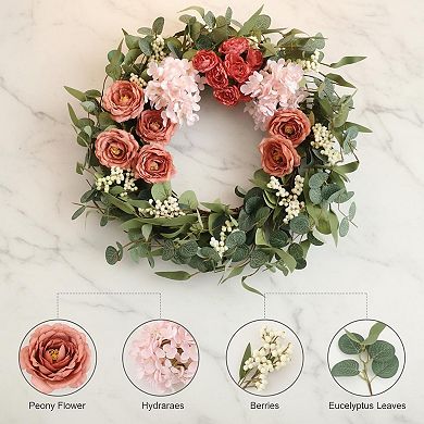 20 Inch Artificial Peony Hydrangea Wreath Spring Summer Front Door Wall Decor