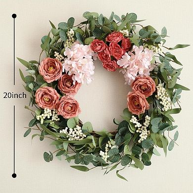 20 Inch Artificial Peony Hydrangea Wreath Spring Summer Front Door Wall Decor