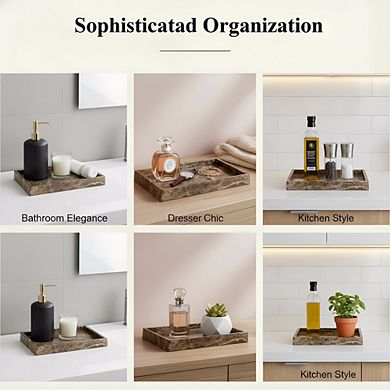 KSIZUIS Natural Marble Tray Dark Brown 12x8" Luxury Stone Organizer for Bathroom Kitchen Decor