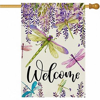 Spring Summer Wisteria Dragonfly Welcome House Flag Double Sided Burlap Seasonal Yard Decor