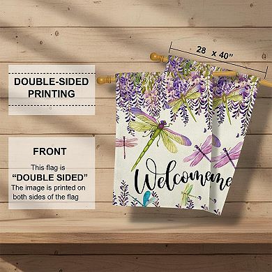 Spring Summer Wisteria Dragonfly Welcome House Flag Double Sided Burlap Seasonal Yard Decor