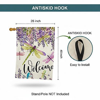 Spring Summer Wisteria Dragonfly Welcome House Flag Double Sided Burlap Seasonal Yard Decor