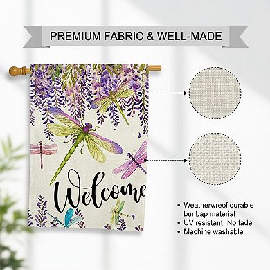Spring Summer Wisteria Dragonfly Welcome House Flag Double Sided Burlap Seasonal Yard Decor