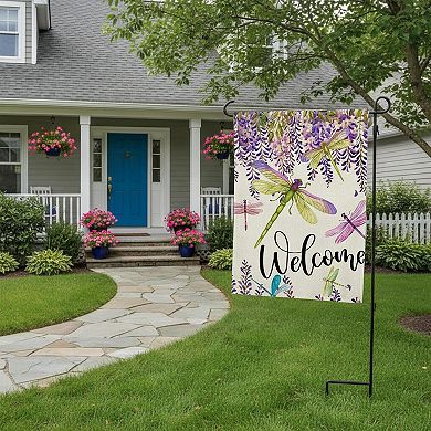 Spring Summer Wisteria Dragonfly Welcome House Flag Double Sided Burlap Seasonal Yard Decor