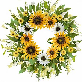 20 Inch Artificial Spring Summer Wreath Silk Sunflowers Green Leaves Front Door Wall Decor