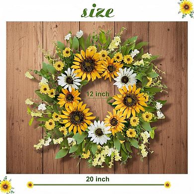 20 Inch Artificial Spring Summer Wreath Silk Sunflowers Green Leaves Front Door Wall Decor