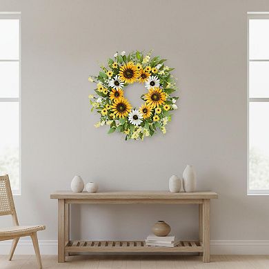 20 Inch Artificial Spring Summer Wreath Silk Sunflowers Green Leaves Front Door Wall Decor