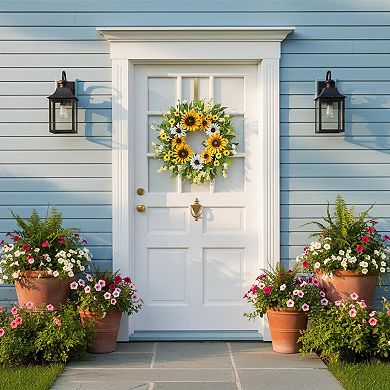 20 Inch Artificial Spring Summer Wreath Silk Sunflowers Green Leaves Front Door Wall Decor