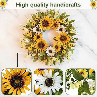 20 Inch Artificial Spring Summer Wreath Silk Sunflowers Green Leaves Front Door Wall Decor