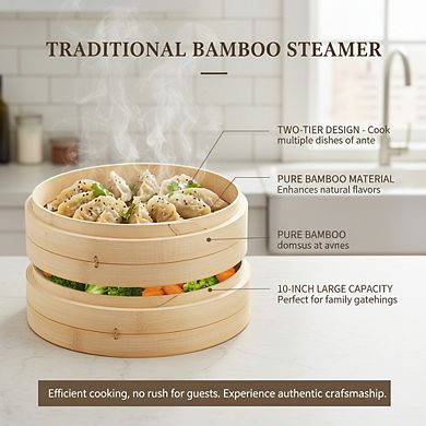 10-Inch 2-Tier 100%Bamboo Steamer Baskets, Natural for Dumplings & Vegetables