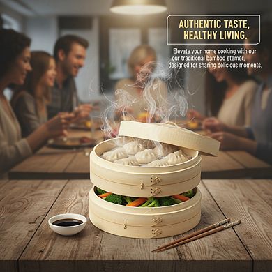 10-Inch 2-Tier 100%Bamboo Steamer Baskets, Natural for Dumplings & Vegetables