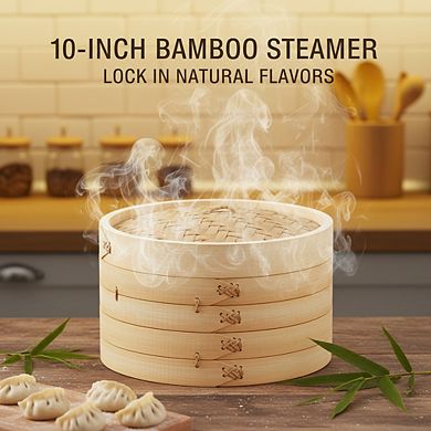 10-Inch 2-Tier 100%Bamboo Steamer Baskets, Natural for Dumplings & Vegetables