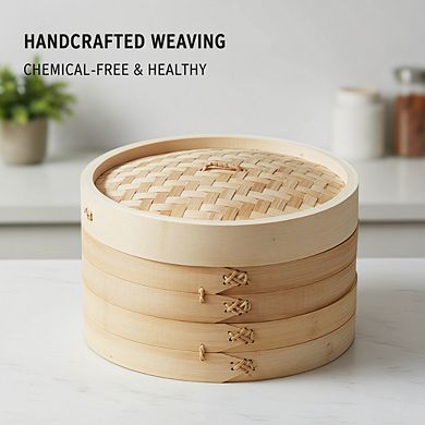 10-Inch 2-Tier 100%Bamboo Steamer Baskets, Natural for Dumplings & Vegetables