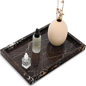 KSIZUIS Natural Marble Tray Brown Rectangle Stone Organizer for Bathroom Kitchen Decor