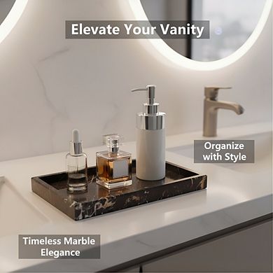 KSIZUIS Natural Marble Tray Brown Rectangle Stone Organizer for Bathroom Kitchen Decor