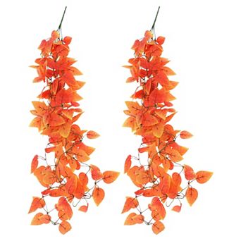 2 pc Fake Autumn Plants Faux Autumn Plants Leaves Orange 41.3"