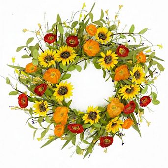 Spring Summer Wreath Sunflower Poppy Green Leaves Front Door Indoor Outdoor Farmhouse Decor