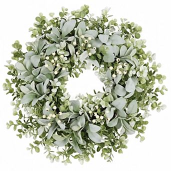 26 Inch Large Lambs Ear Wreath  Spring Summer Leaves White Berries Artificial Greenery Farmhouse
