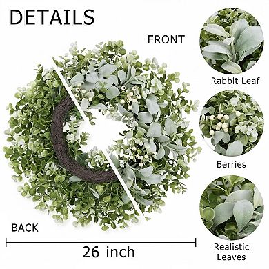26 Inch Large Lambs Ear Wreath Spring Summer Leaves White Berries Artificial Greenery Farmhouse