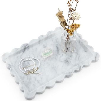 KSIZUIS Scalloped Marble Tray 12x8" Stone Organizer for Bathroom Kitchen Desktop Decor