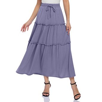Women’s Casual High Waisted Maxi Skirt Elastic A Line Boho Pleated Ruffle Tiered Long Skirt