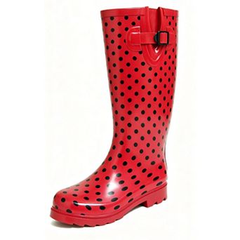 Women's Rain Boots Red Dotted Rubber Mid Calf Rainboot, Red Dotted-7