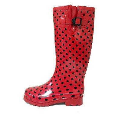 Women's Rain Boots Red Dotted Rubber Mid Calf Rainboot, Red Dotted-7
