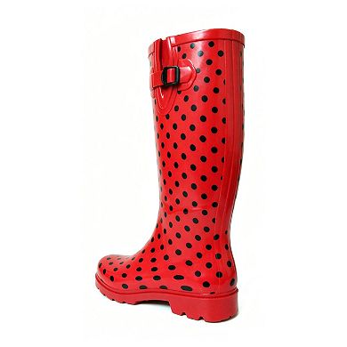 Women's Rain Boots Red Dotted Rubber Mid Calf Rainboot, Red Dotted-7