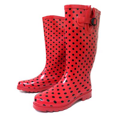 Women's Rain Boots Red Dotted Rubber Mid Calf Rainboot, Red Dotted-7