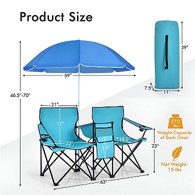 Outdoor Double Folding Chairs with Cooler Bag and Beverage Holders