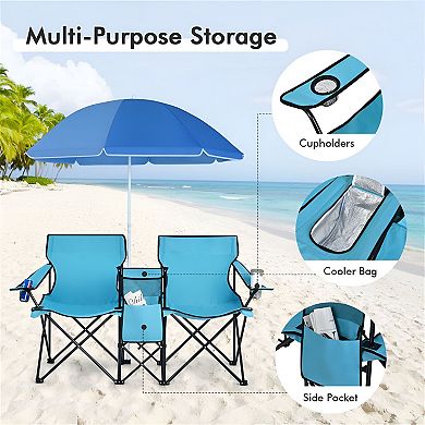 Outdoor Double Folding Chairs with Cooler Bag and Beverage Holders