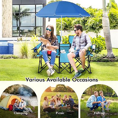 Outdoor Double Folding Chairs with Cooler Bag and Beverage Holders