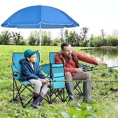 Outdoor Double Folding Chairs with Cooler Bag and Beverage Holders