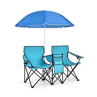 Outdoor Double Folding Chairs with Cooler Bag and Beverage Holders