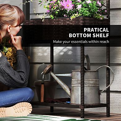 Rattan Plant Bed with Trellis and Storage Shelf for Vegetables, Herbs with storage basket