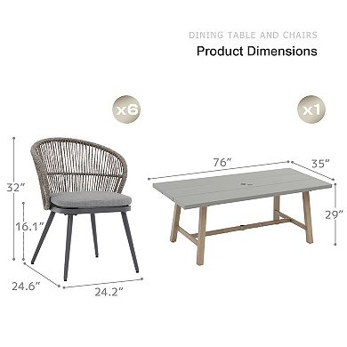SUNSITT 7 Piece Outdoor Dining Set w/ 76” Dining Table w/ Umbrella Hole, 6 Patio Chairs