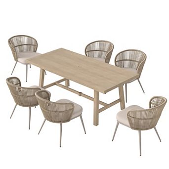 SUNSITT 7 pc Outdoor Dining Set w/ 76” Dining Table w/ Umbrella Hole, 6 Chairs