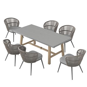 SUNSITT 7 pc Outdoor Dining Set w/ 76” Dining Table w/ Umbrella Hole, 6 Chairs