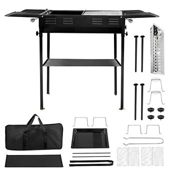 2-in-1 Outdoor Charcoal Grill with Stainless Steel Grate, Baking Pan and Side Trays