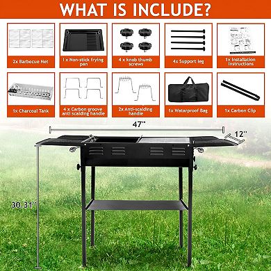 2-in-1 Outdoor Charcoal Grill with Stainless Steel Grate, Baking Pan and Side Trays