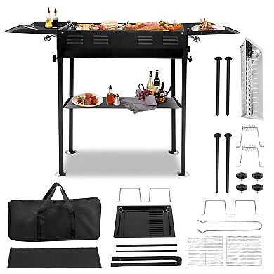2-in-1 Outdoor Charcoal Grill with Stainless Steel Grate, Baking Pan and Side Trays
